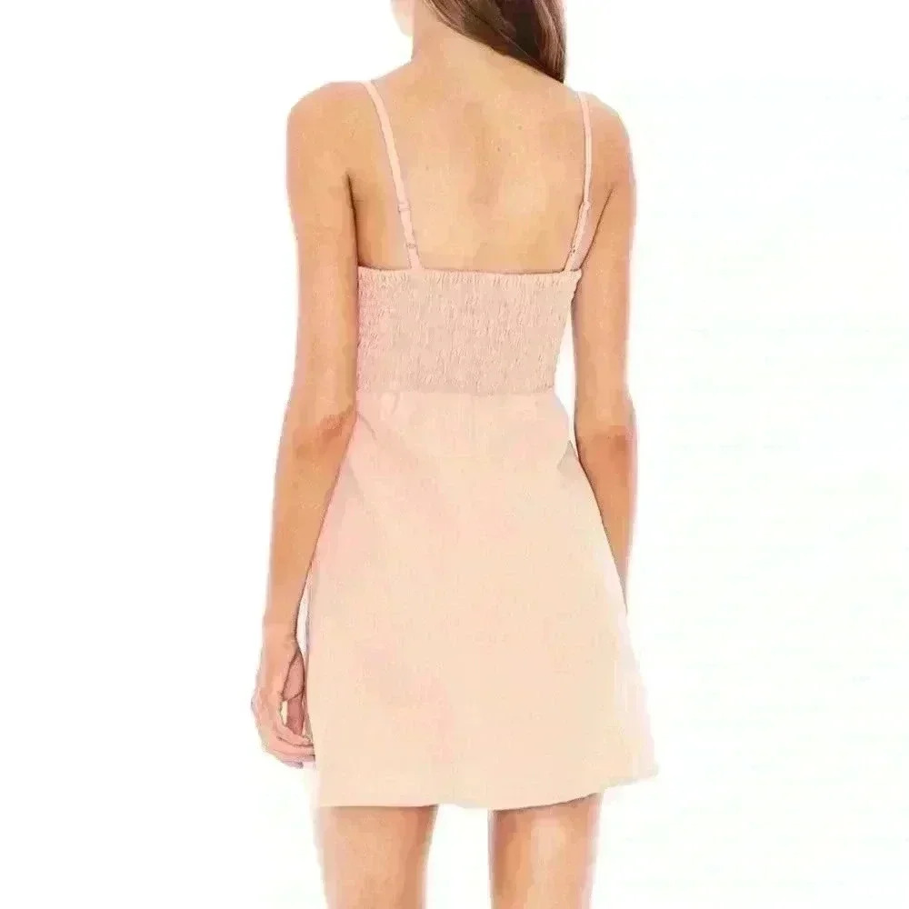 Faithful the Brand Rodeo Pink Linen Button Up Tie-Front Mini Skater Summer Dress - Picture 9 of 15